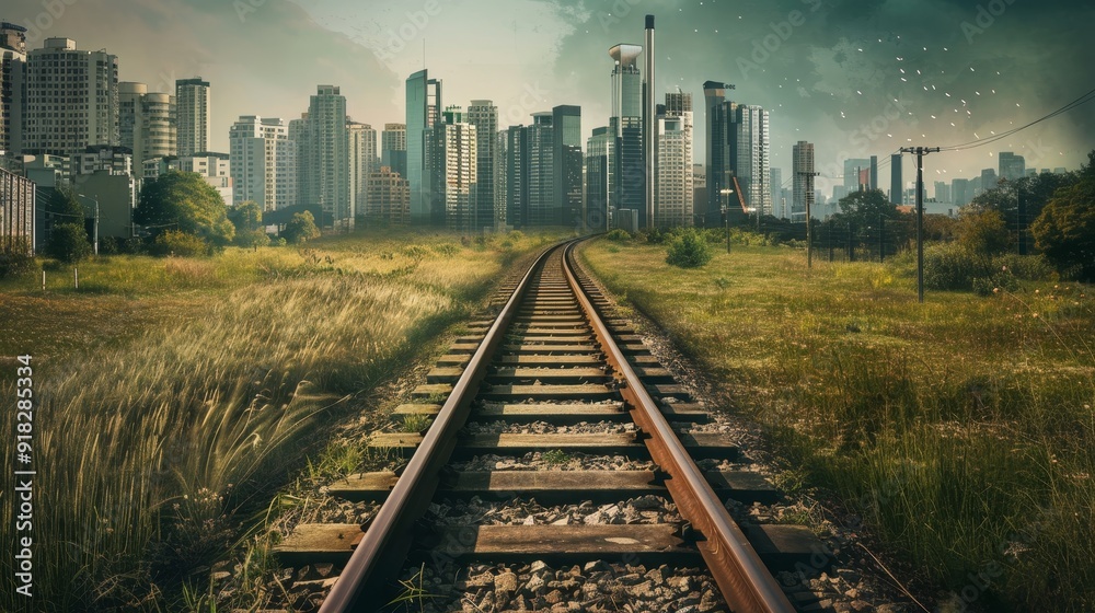 A railroad track that starts in a rural field and transforms into a busy subway line as it enters the city A railroad track that starts in a rural field and transforms into a busy subway line as it enters the city