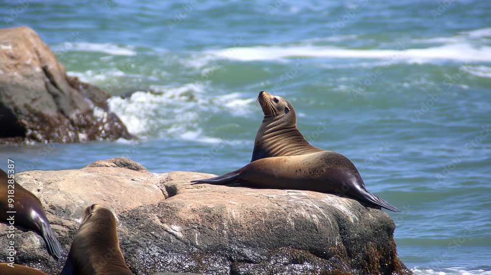Fototapeta premium Group of Sea Lions Resting on Coastal Rocks by the Ocean