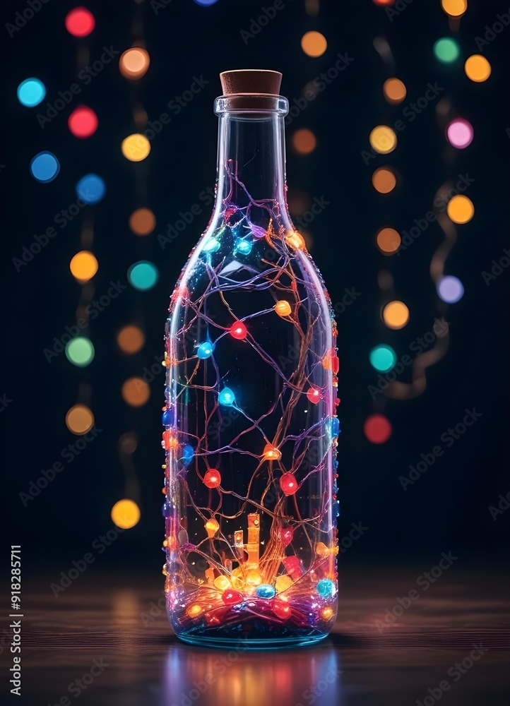 Colorful glass bottle filled with string lights, creating a vibrant and whimsical visual effect against a dark background Colorful glass bottle filled with string lights, creating a vibrant and whimsical visual effect against a dark background