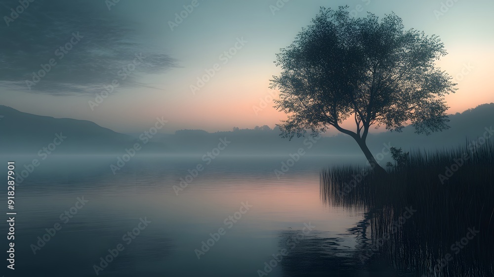 A lone tree stands silhouetted against a misty sunrise over a calm lake. The scene is peaceful and serene, conveying a sense of tranquility. A lone tree stands silhouetted against a misty sunrise over a calm lake. The scene is peaceful and serene, conveying a sense of tranquility.
