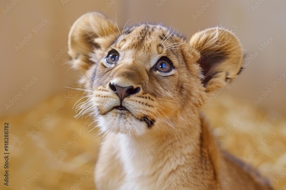 Fototapeta premium Cute lion cub with blue eyes looks up curiously, over a straw background