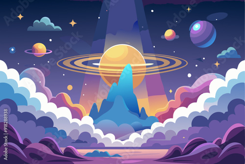 A celestial landscape with a ringed planet and a mountain peak bathed in light