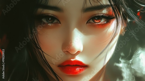 Close-up Portrait of a Woman with Red Lips and Long Black Hair