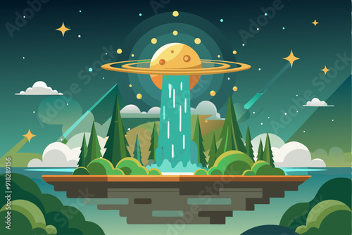 A celestial waterfall pouring from a ringed planet into a forest lake at night.