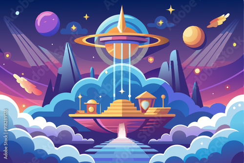 Futuristic Cityscape with Flying Saucer and Planets