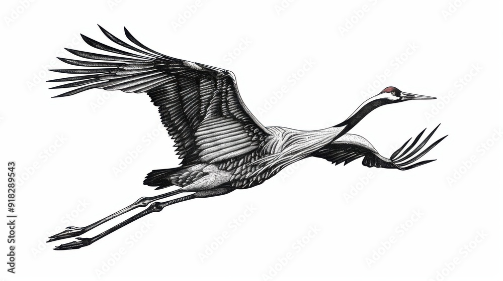 black-and-white-vintage-engraved-art-of-a-crane-in-flight-isolated-on