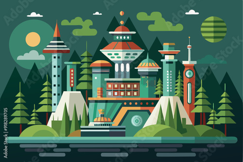 Futuristic Cityscape with Towers and Forest