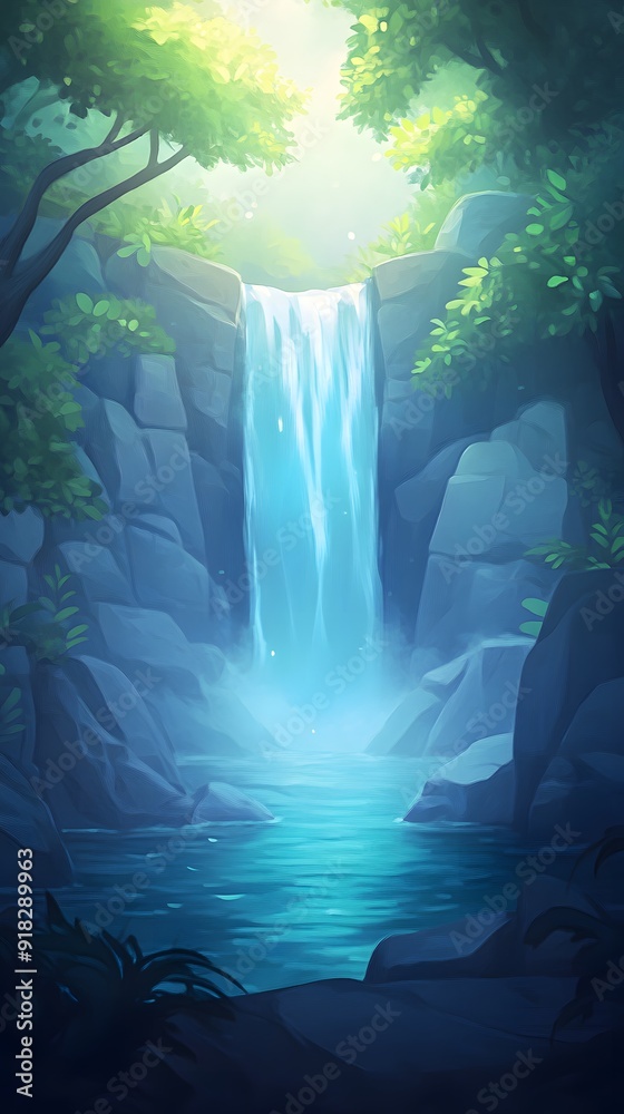 A serene waterfall cascades down a rocky cliff, surrounded by lush green foliage, with sunlight filtering through the canopy. A serene waterfall cascades down a rocky cliff, surrounded by lush green foliage, with sunlight filtering through the canopy.