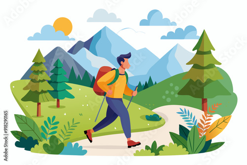 Hiking Man in Mountain Landscape with Backpack and Trekking Poles