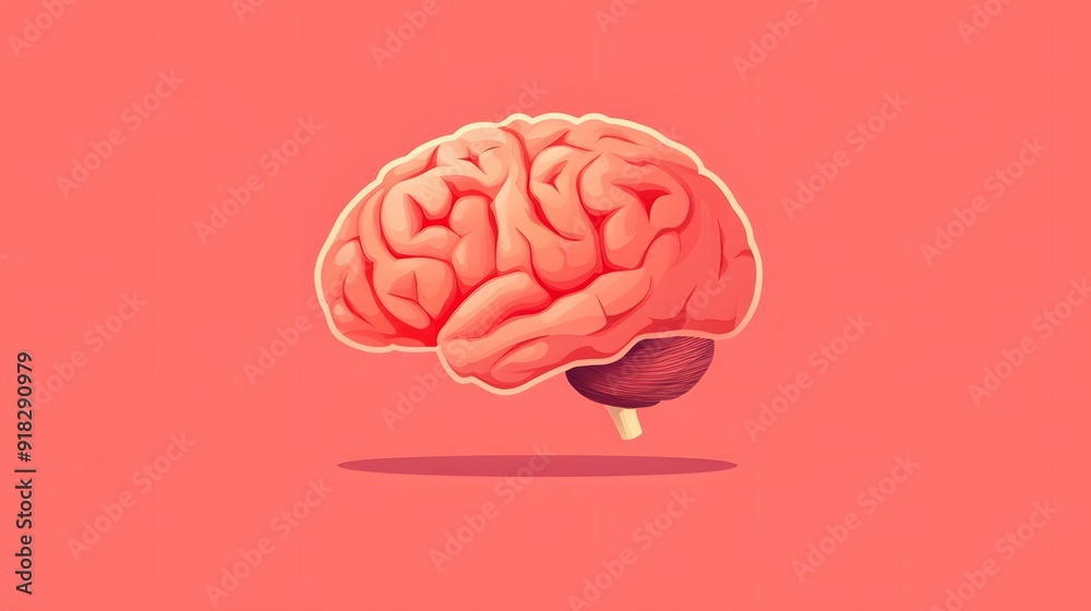 A stylized illustration of a human brain on a pink background.  The brain is rendered in a realistic style, with detailed folds and textures.