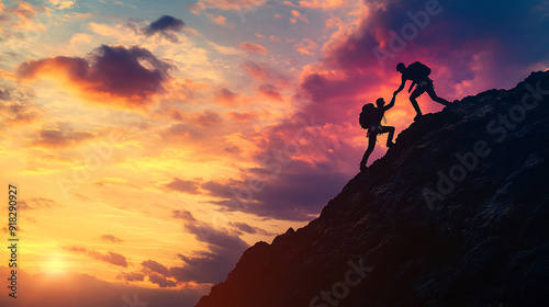 Hiker helping friend reach the mountain top 