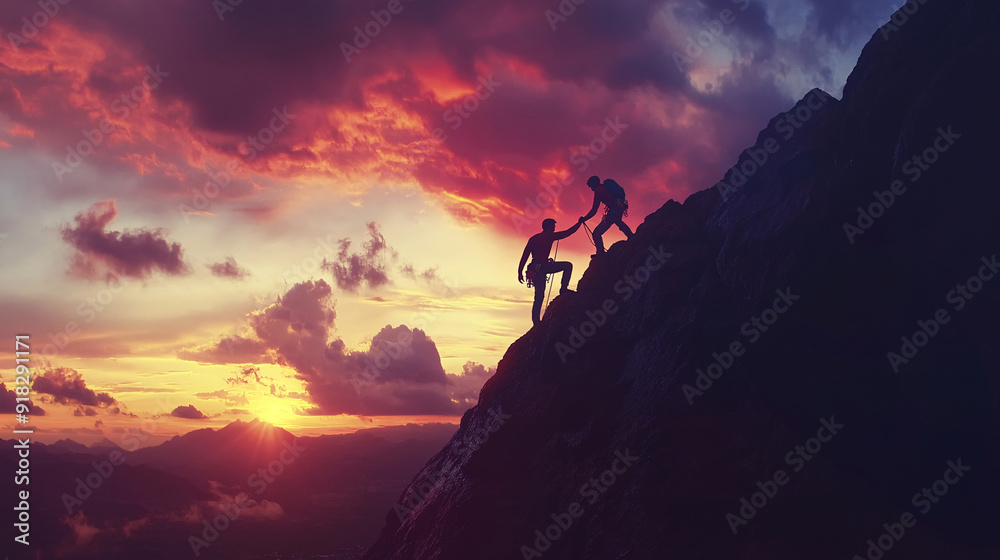 Obraz premium Hiker helping friend reach the mountain top