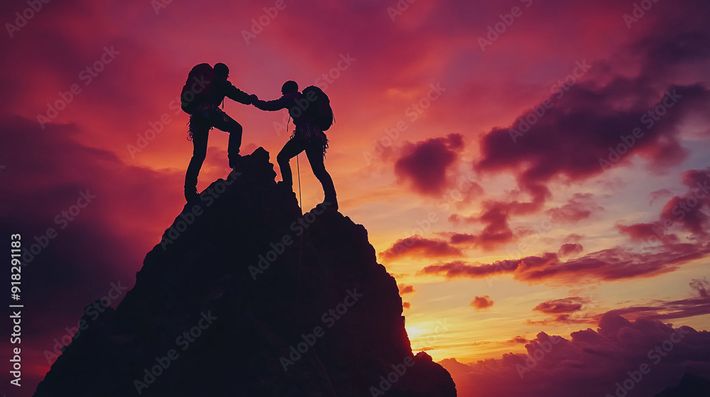 Hiker helping friend reach the mountain top
Hiker helping friend reach the mountain top