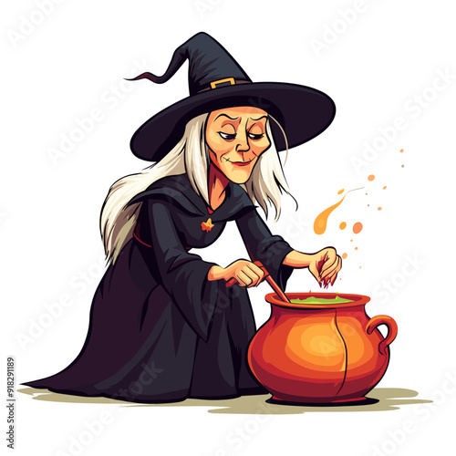 Cartoon Witch Stirring Potion in a Cauldron