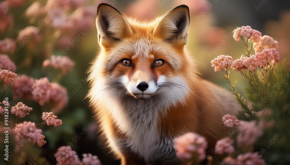 Naklejka premium A tight shot of a fox amidst a flower-filled meadow, background softly blurred with grass and wildflowers