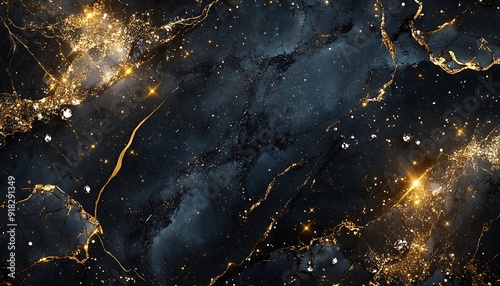 Luxurious Scene with Dark Marble, Gold Veins, and Sparkling Diamonds in Soft Light