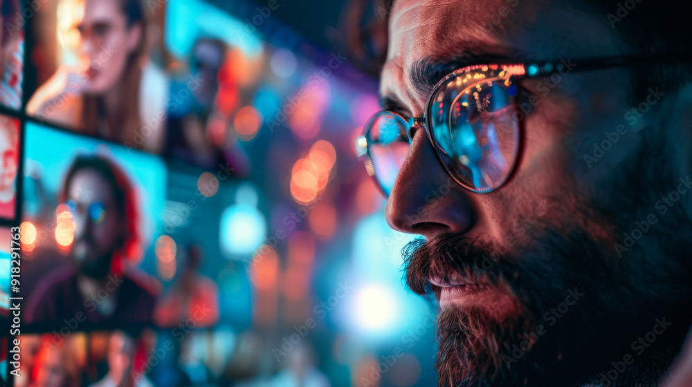 Close-up of a man wearing glasses looking closely at a laptop computer screen. Office work concept. Close-up of a man wearing glasses looking closely at a laptop computer screen. Office work concept.