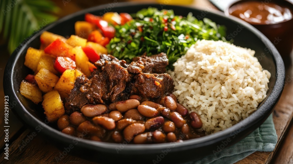 A beautifully plated traditional Dominican food, captured from the perspective of a famous food photographer A beautifully plated traditional Dominican food, captured from the perspective of a famous food photographer