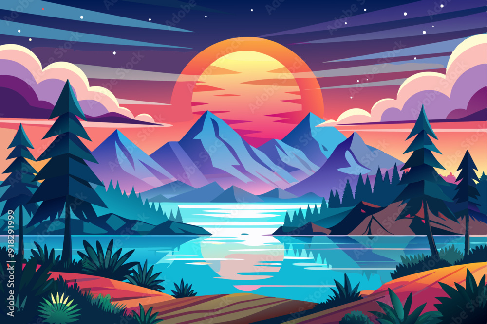 Sunset Over Mountains and a Serene Lake Sunset Over Mountains and a Serene Lake