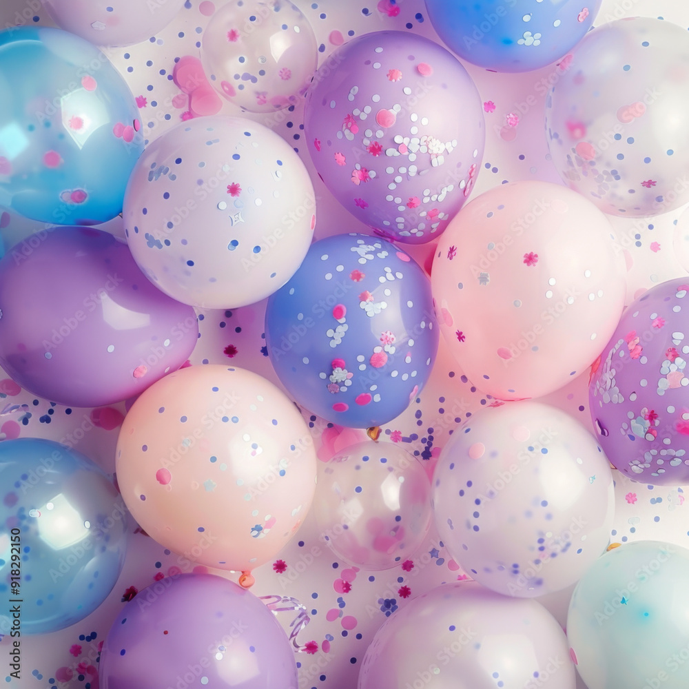 Pastel Balloons with Confetti Scattered on a White Background Pastel Balloons with Confetti Scattered on a White Background