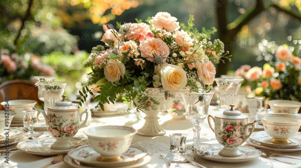 Garden Tea Party: An elegant garden tea party with beautifully arranged tables, delicate china, and guests dressed in vintage attire. The charming and serene setting evokes a sense of nostalgia. Garden Tea Party: An elegant garden tea party with beautifully arranged tables, delicate china, and guests dressed in vintage attire. The charming and serene setting evokes a sense of nostalgia.