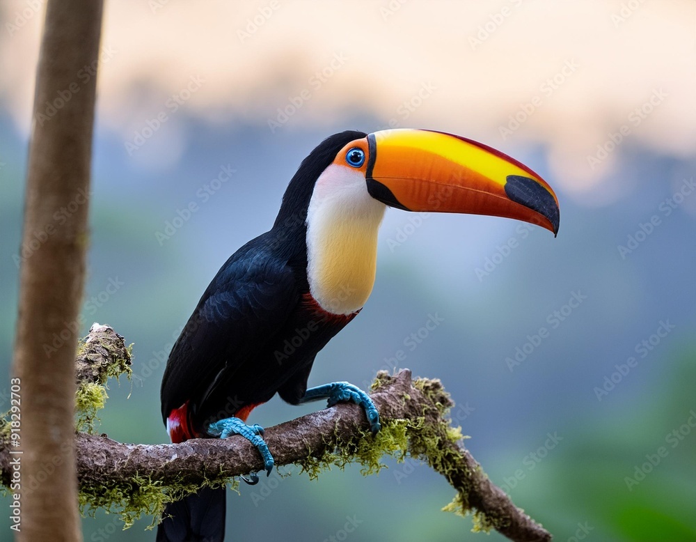A toucan on a tree branch against a leafy green backdrop, sporting a vibrant orange and black beak A toucan on a tree branch against a leafy green backdrop, sporting a vibrant orange and black beak
