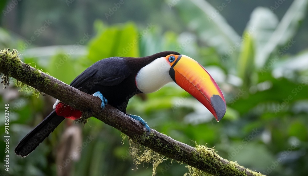 Obraz premium A toucan on a tree branch against an orange and black backdrop