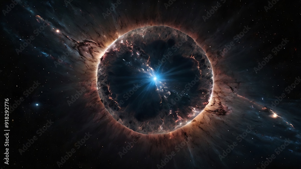 Fototapeta premium Massive supernova in endless space, shining solar lights in dark abstract background