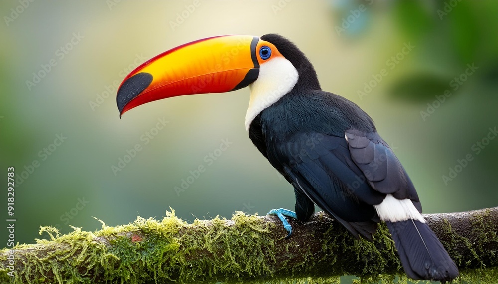A toucan perched on a branch, its vibrant yellow beak contrasting the green foliage Behind it, a black and yellow bird sits A toucan perched on a branch, its vibrant yellow beak contrasting the green foliage Behind it, a black and yellow bird sits