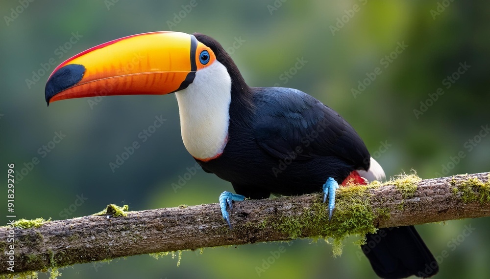 A toucan perched on a branch, its vibrant yellow beak contrasting the green foliage Behind it, a black and yellow bird sits A toucan perched on a branch, its vibrant yellow beak contrasting the green foliage Behind it, a black and yellow bird sits
