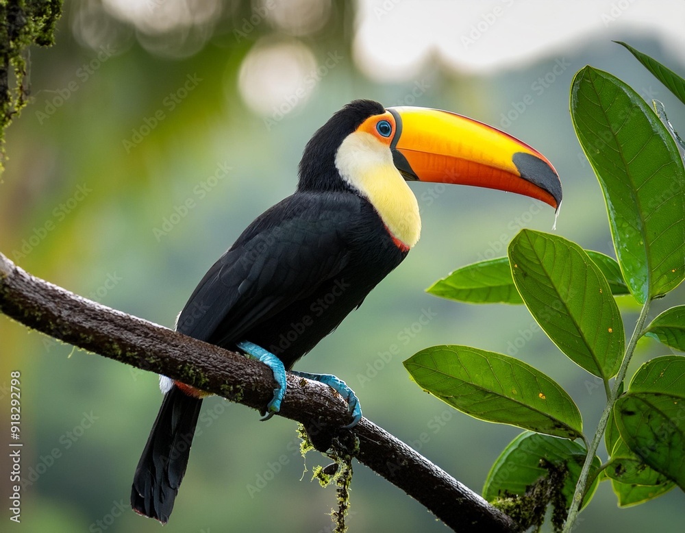 A toucan perched on a branch, its vibrant beak contrasting against the indistinct background A toucan perched on a branch, its vibrant beak contrasting against the indistinct background