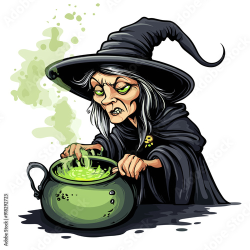 Cartoon Witch Stirring Potion in a Cauldron