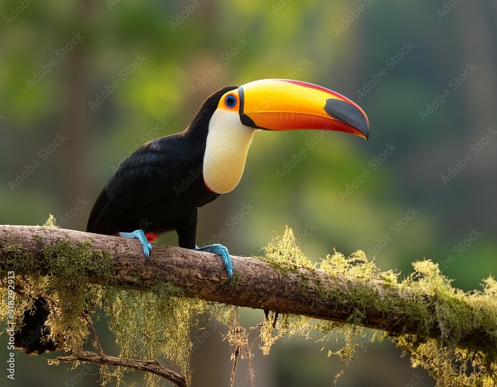 A toucan perched on a tree branch, boasting a vibrant yellow beak contrasting against its black and orange beak The scene is set against a backdrop of lush A toucan perched on a tree branch, boasting a vibrant yellow beak contrasting against its black and orange beak The scene is set against a backdrop of lush