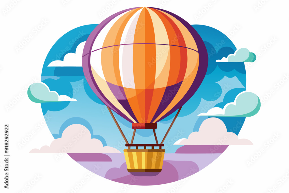 Obraz premium A cartoon hot air balloon with a wicker basket, floating in a blue sky with white clouds