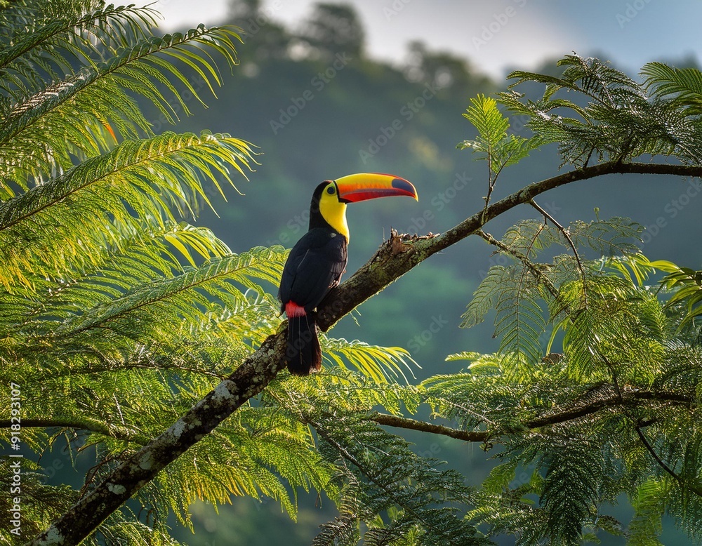 A toucan perches on a tree branch against a backdrop of lush tropical forest - teeming with trees and vibrant greenery A toucan perches on a tree branch against a backdrop of lush tropical forest - teeming with trees and vibrant greenery