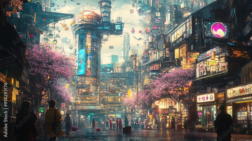 Obraz premium Cyberpunk Cityscape with Children's Book Characters | Digital Art