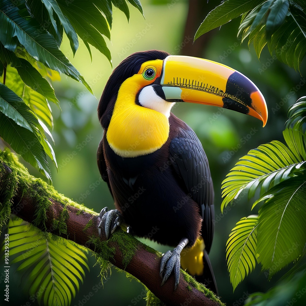Obraz premium A toucan perches on a tree branch, surrounded by sunlight filtering through the foliage The backdrop comprises a lush canopy of trees