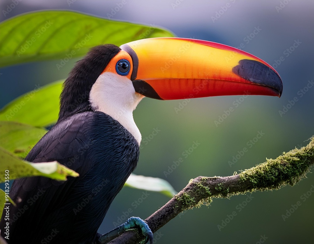 A toucan perching on a branch against a vague backdrop, foreground features a distinct black-yellow toucan A toucan perching on a branch against a vague backdrop, foreground features a distinct black-yellow toucan