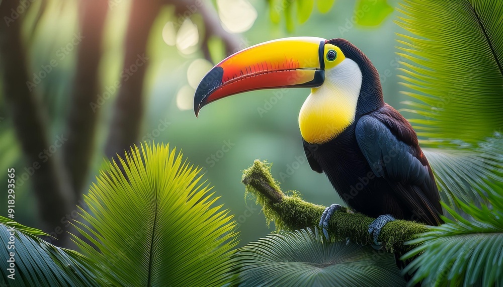 Obraz premium A toucan perching on a tree branch, its vibrant bill matching the hue of its head