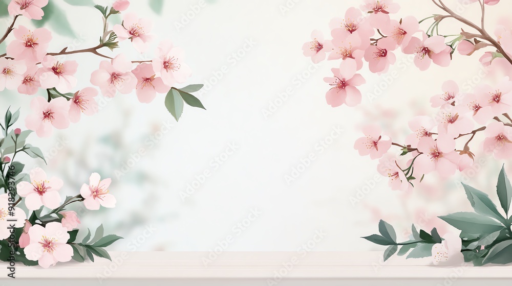 Delicate cherry blossoms and green vines, watercolor style, closeup, soft morning light