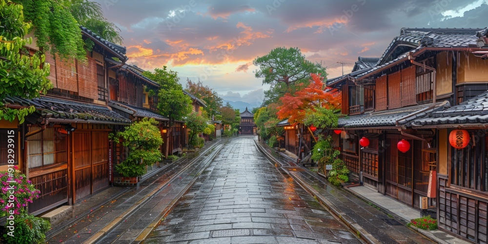 Fototapeta premium Traditional Japanese Street in the Evening Rain