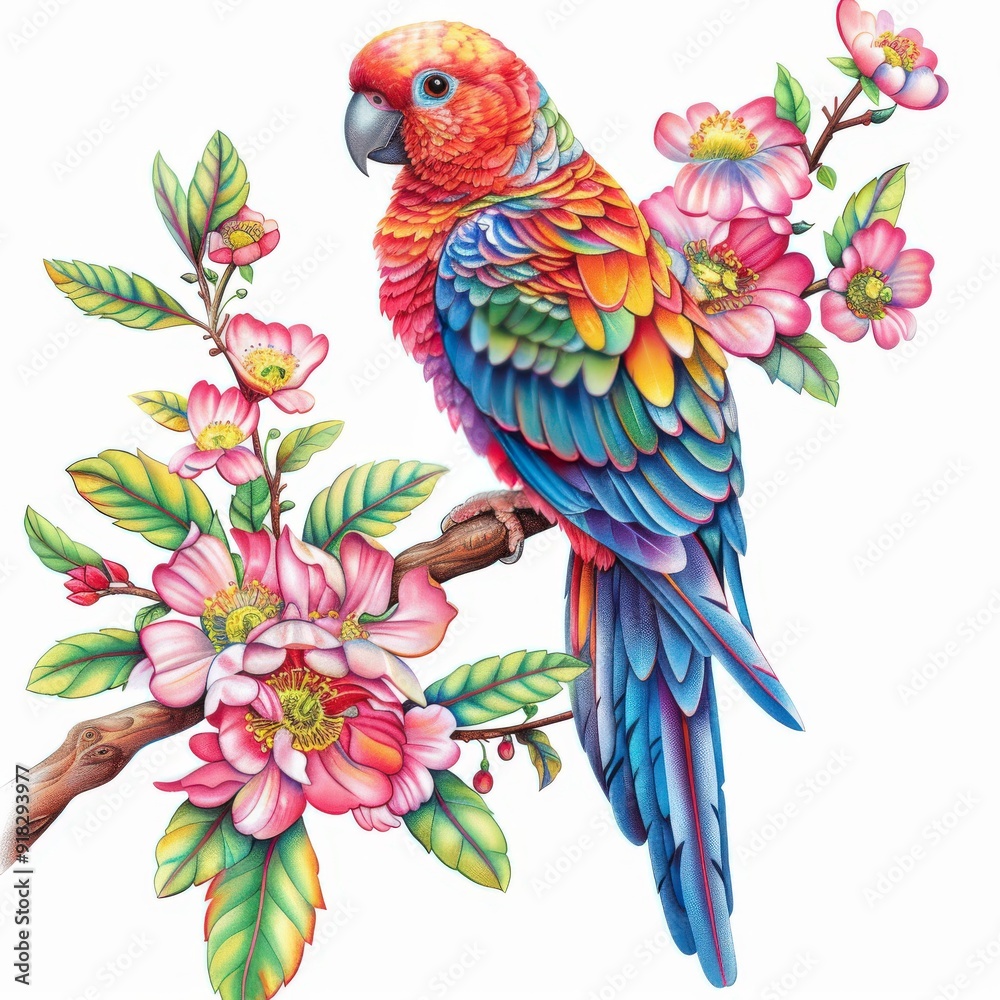 Fototapeta premium Colorful parrot perched on a blooming branch with pink flowers in a vibrant watercolor illustration isolated on a white background.