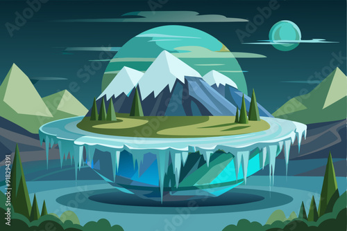 Frozen Mountain Landscape Inside a Crystal Sphere