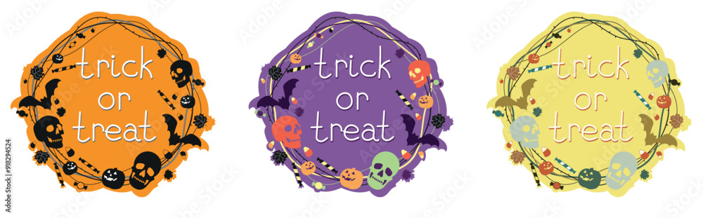 Fototapeta premium Decorative lettering trick or treat for Halloween with skulls, sweets and pumpkins