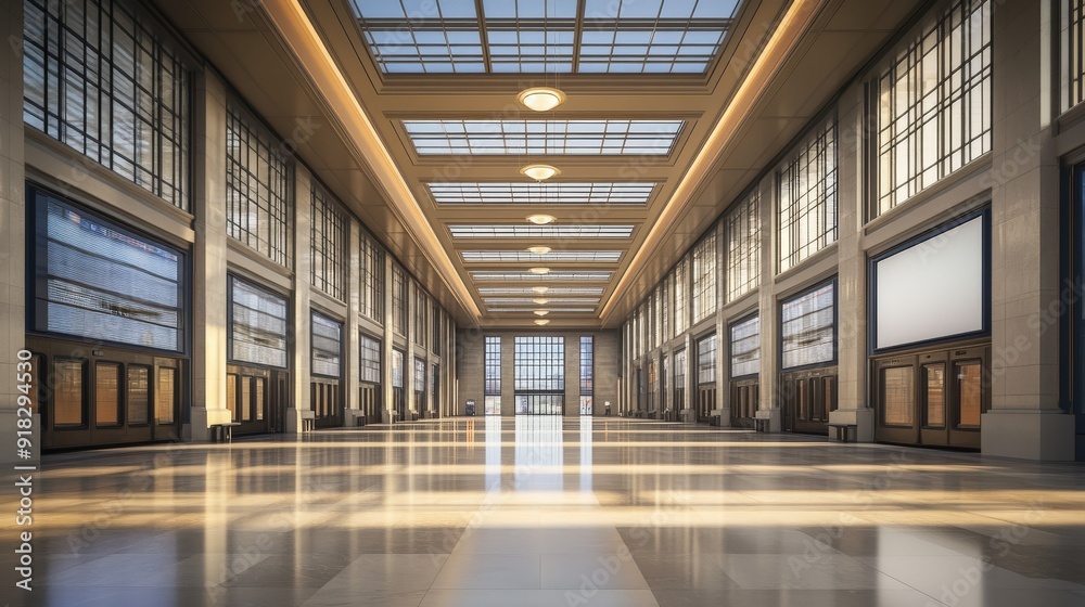A spacious, well-lit interior of a building with large windows and polished floors. A spacious, well-lit interior of a building with large windows and polished floors.