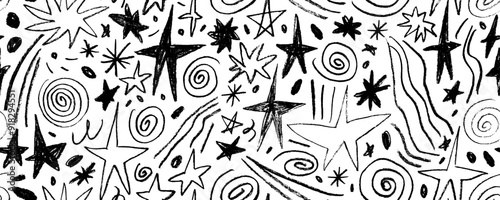 Crayon drawn stars and spirals seamless pattern. Freehand squiggles, dots, sparkles, doodle space motif. Kid seamless pattern with cute pencil drawn star shapes and confetti. Punk style background.