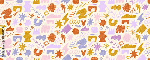 Wallpaper Mural Retro style seamless pattern with grunge geometric shapes and squiggles. Color crayons drawn funky abstract geometric shapes. Hand drawn kid's style background with doodle stickers. Torontodigital.ca