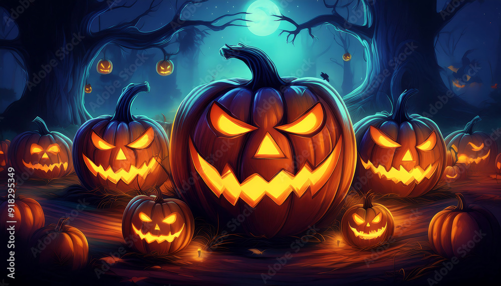 Glowing Jack-o'-Lantern Gathering- A scene of glowing jack-o'-lanterns with unique expressi_1(121) Glowing Jack-o'-Lantern Gathering- A scene of glowing jack-o'-lanterns with unique expressi_1(121)
