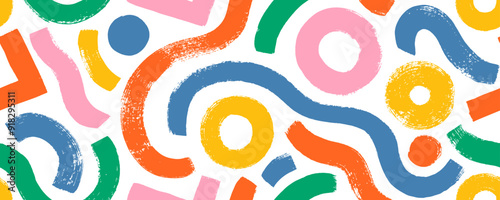 Playful childish colorful background with squiggles, circles, curved thick lines.