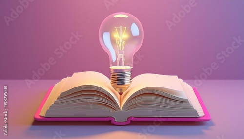 Open book with a glowing pink lightbulb on top, representing creative ideas, knowledge, and inspiration in a surreal setting.